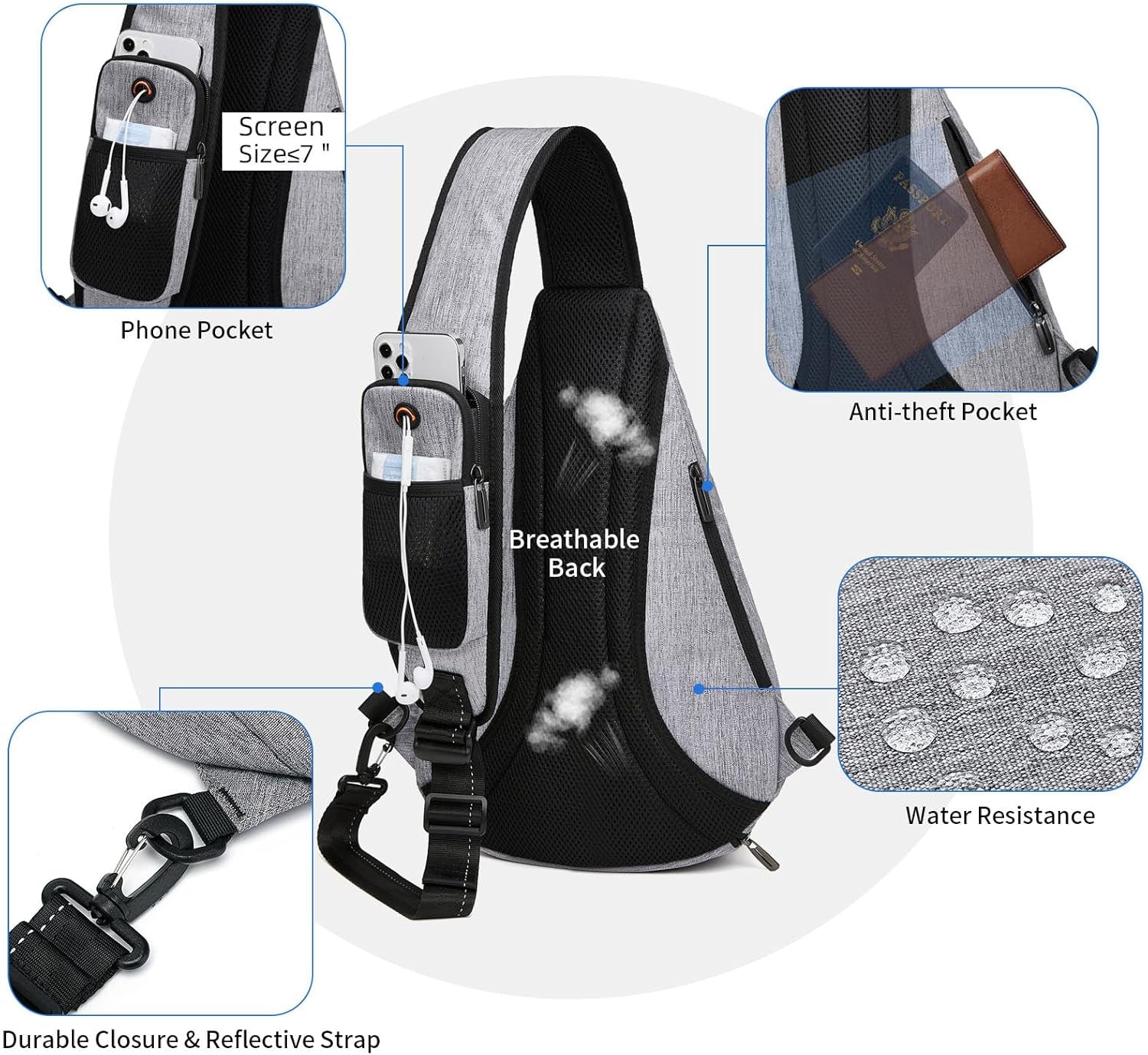 Sling Backpack, 8 Pockets Sling Bag Crossbody, 19L Large Sling Bag for Men Travel Crossbody Backpack Hiking Outdoor