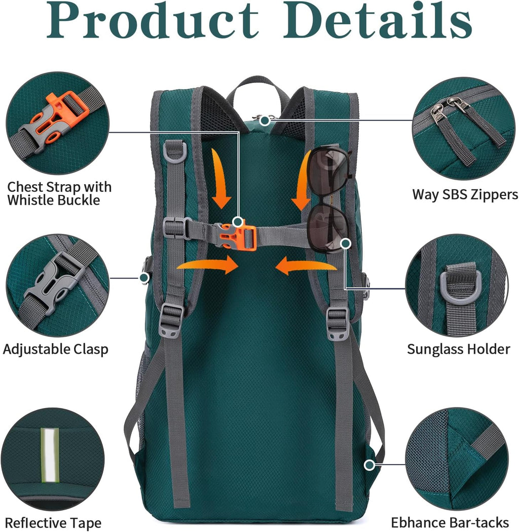 Hiking Backpack, 35L Camping Travel Backpack Packable Outdoor Sports Camping, Water Resistant Lightweight Travel Daypack for Men Women, Green