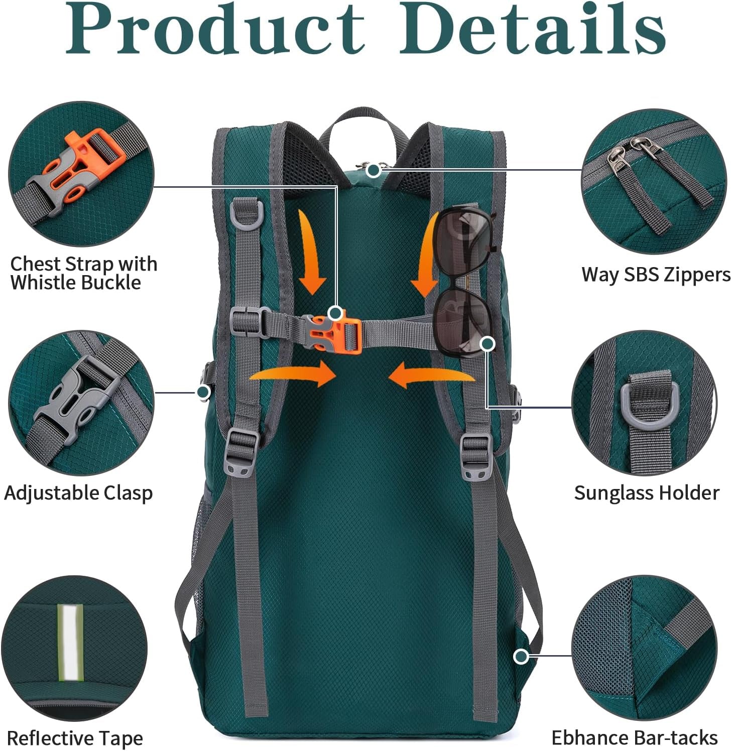 Hiking Backpack, 35L Camping Travel Backpack Packable Outdoor Sports Camping, Water Resistant Lightweight Travel Daypack for Men Women, Green