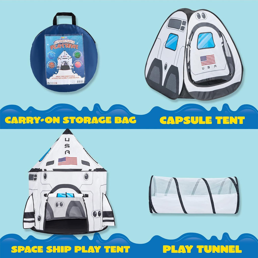 White Rocket Ship Pop up Play Tent with Tunnel and Playhouse Kids Indoor Outdoor Spaceship Tent Set