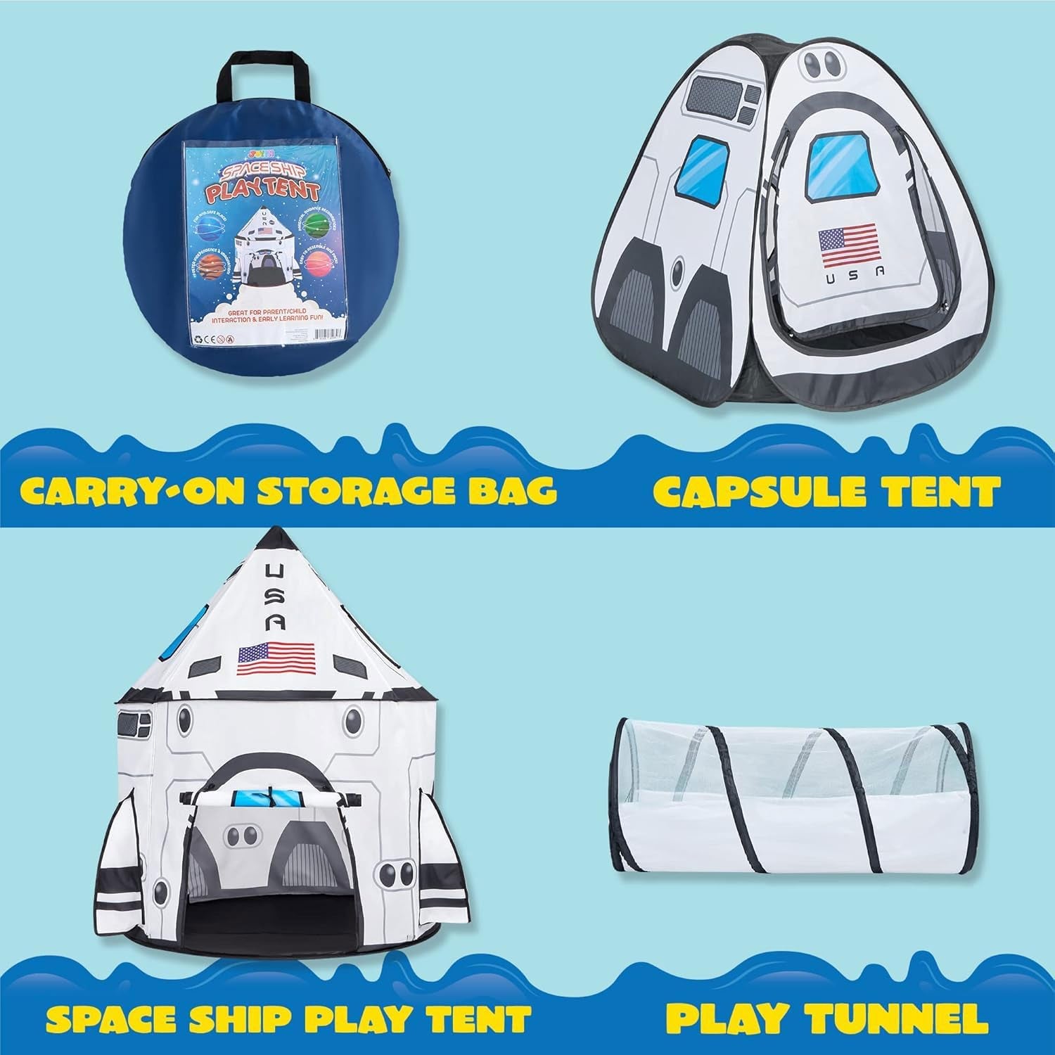 White Rocket Ship Pop up Play Tent with Tunnel and Playhouse Kids Indoor Outdoor Spaceship Tent Set