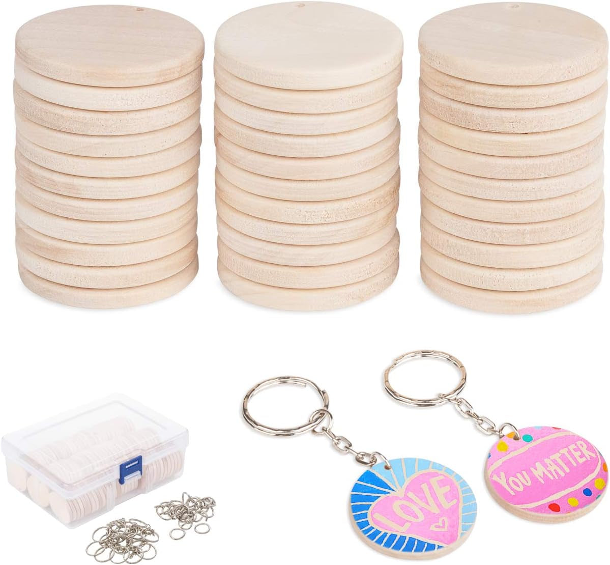 100 Pcs Natural Wood Slices, 3.5 Cm Unfinished Predrilled Log Discs Wooden Circles with 100 Pcs Key Rings for DIY Crafts Christmas Decorations Ornaments Wedding Decoration