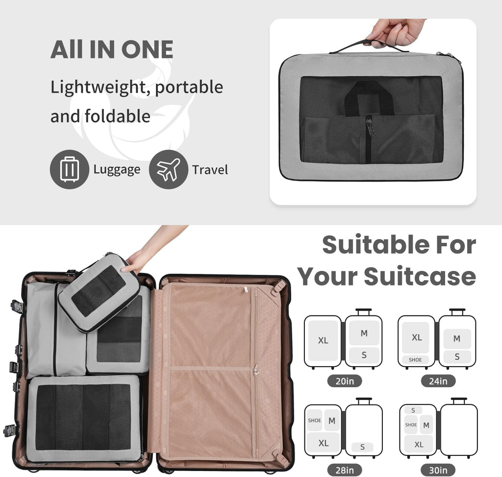 Large Compression Packing Cubes, Full Open Visible Design， Expandable Packing Organizer with Travel Shoe Bag for Suitcase & Backpack, 4 Set Lightweight Travel Bags for Vacation & Camping