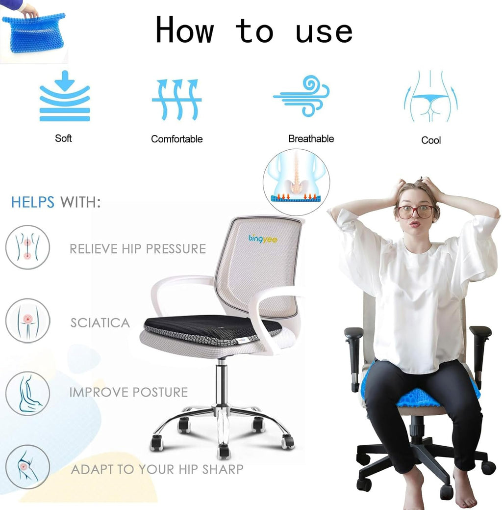 Soft Sitter Cushion, 2025 Cooling Seat Cushion Thick Big Breathable Honeycomb Design Non-Slip Pillow Back Support Cushion, Double Thick Gel Cushion for Car Office Home Wheelchair & Chair Pressure Reli