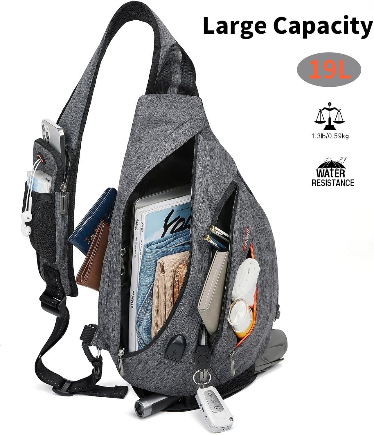 Sling Backpack, 8 Pockets Sling Bag Crossbody, 19L Large Sling Bag for Men Travel Crossbody Backpack Hiking Outdoor