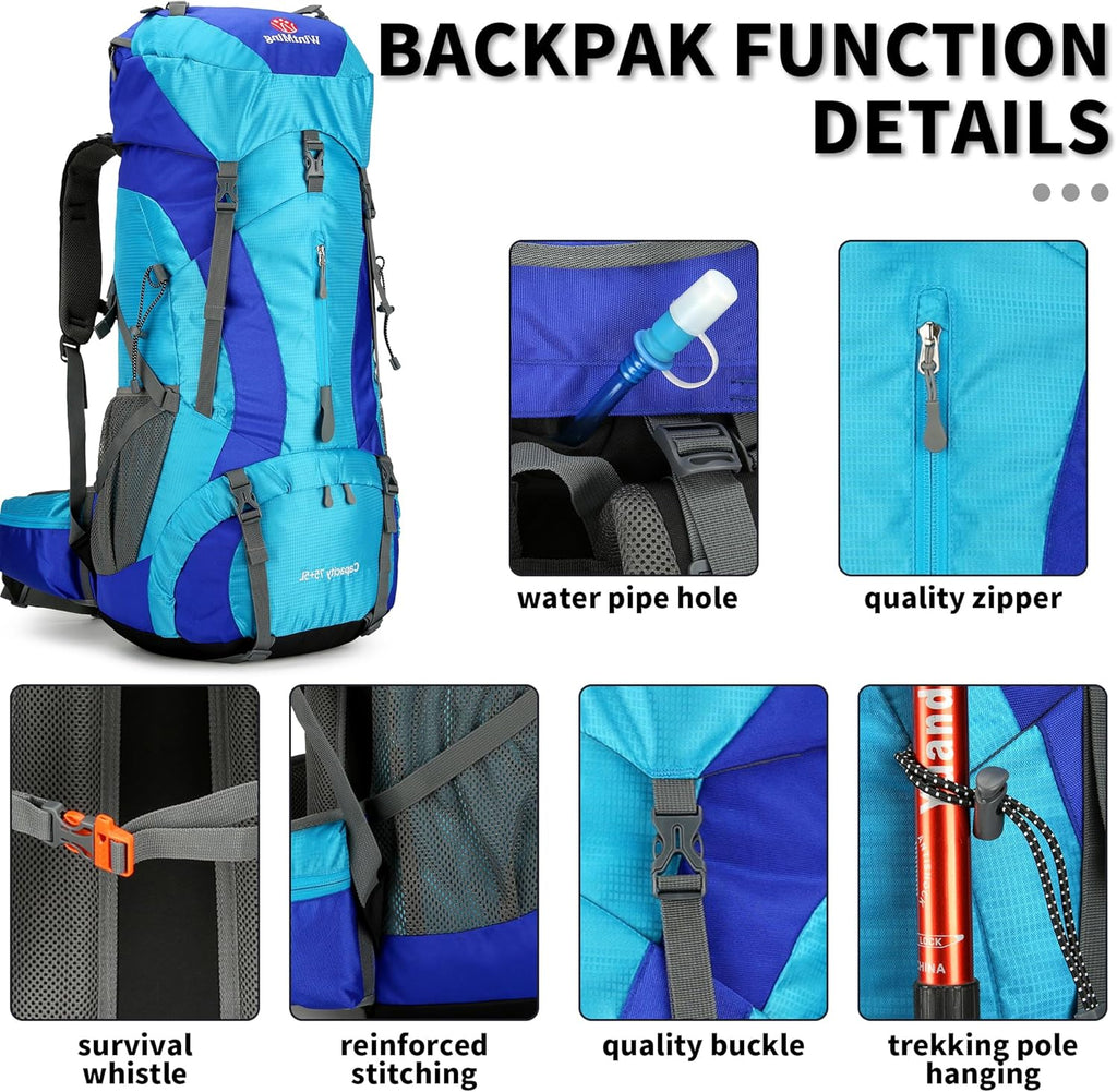 Hiking Backpack for Men and Women 70L+5L Waterproof Lightweight Camping Daypack with Rain Cover for Outdoor Travel Mountaineering - Frameless (Blue)