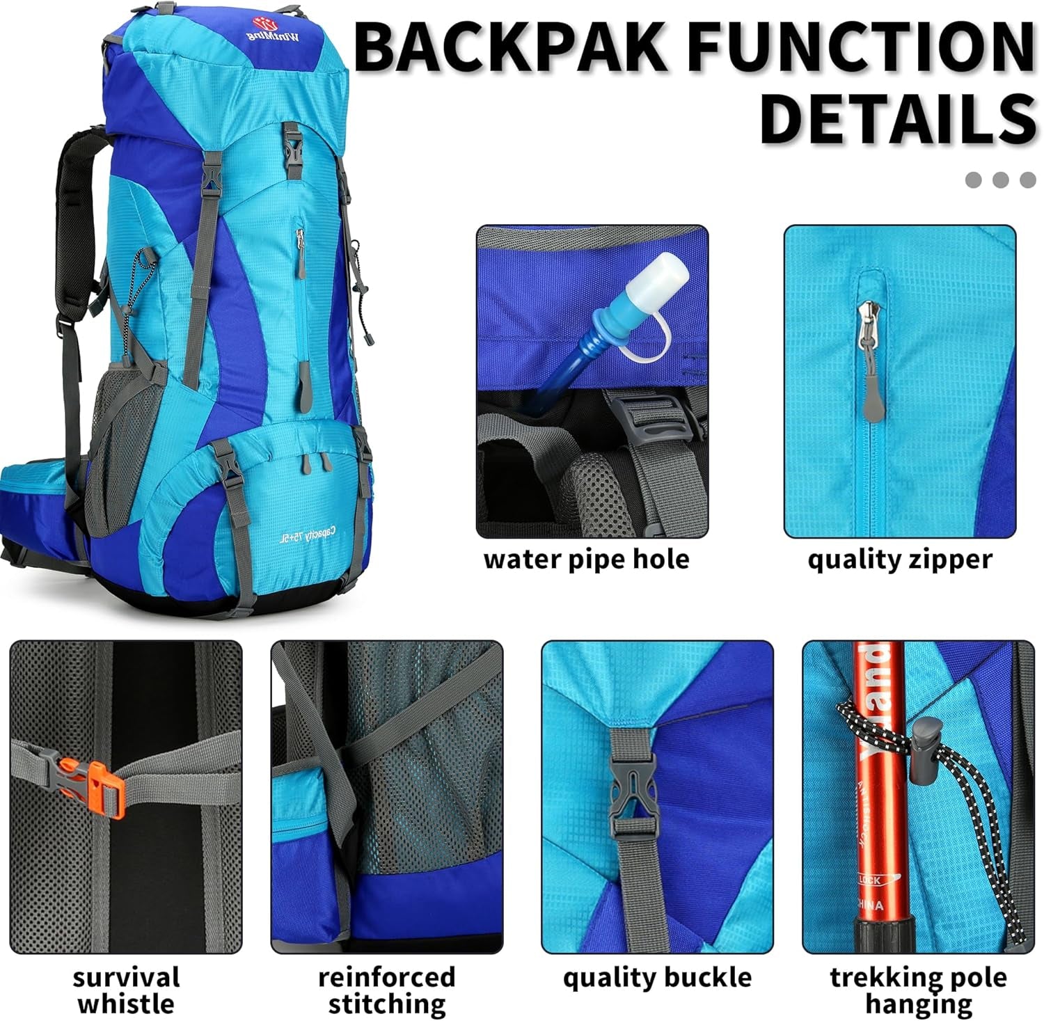 Hiking Backpack for Men and Women 70L+5L Waterproof Lightweight Camping Daypack with Rain Cover for Outdoor Travel Mountaineering - Frameless (Blue)