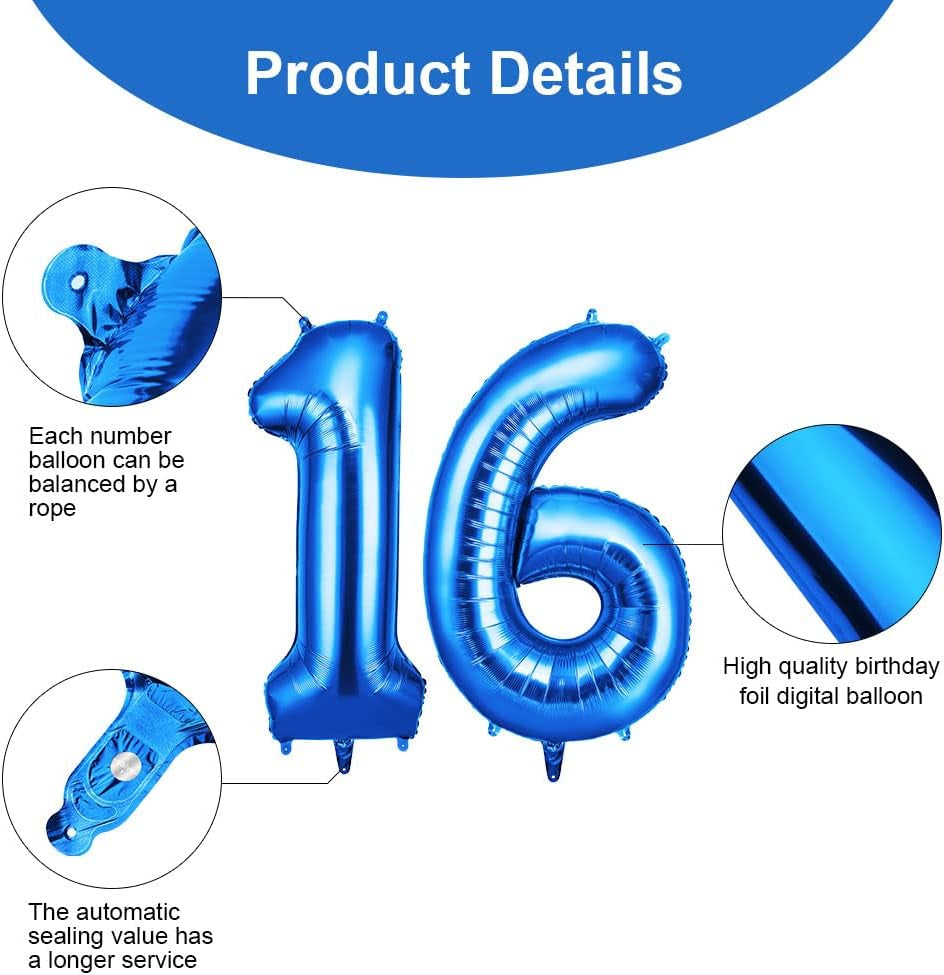 40-Inch Number 16 Helium Balloons, Foil Large Numbers for Birthday, Wedding Party Decorations Celebration Supplies (Blue)