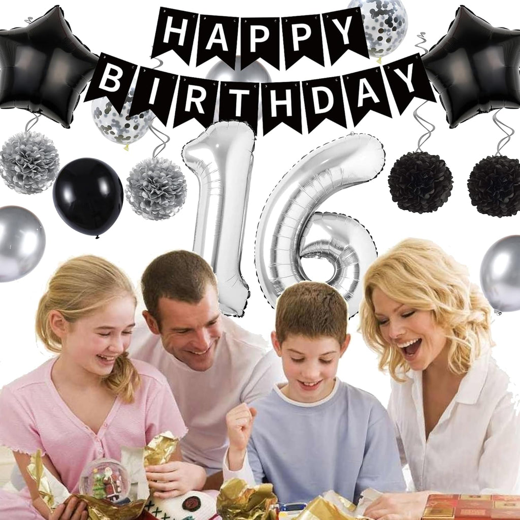 16Th Birthday Decorations Black Silver - 50 Pieces 16Th Decoration for Boys Number 16 Foil Balloon Birthday Banner Star Love Balloon Paper Flowers Cake Toppers for Girls Party Supplies