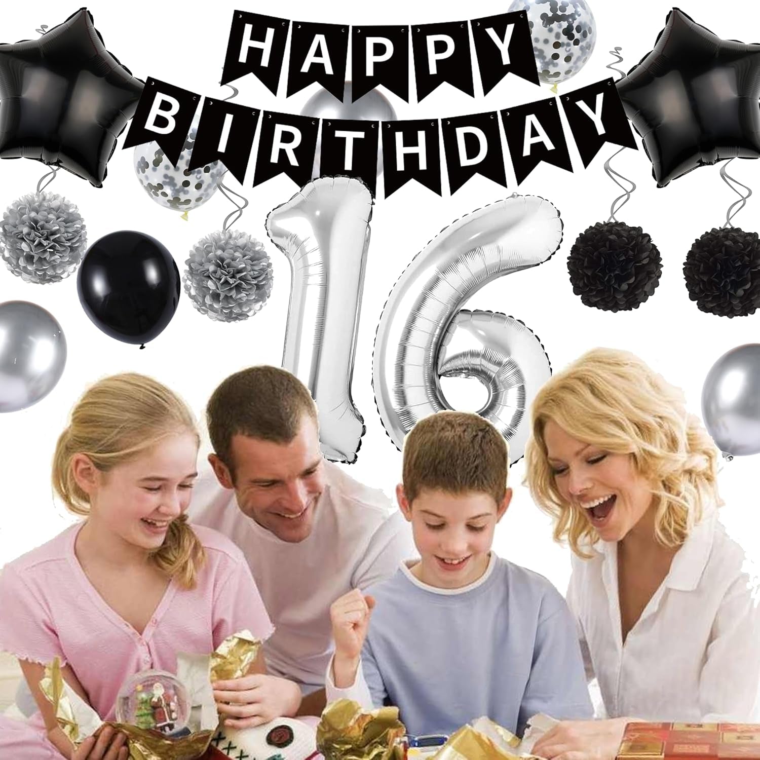 16Th Birthday Decorations Black Silver - 50 Pieces 16Th Decoration for Boys Number 16 Foil Balloon Birthday Banner Star Love Balloon Paper Flowers Cake Toppers for Girls Party Supplies