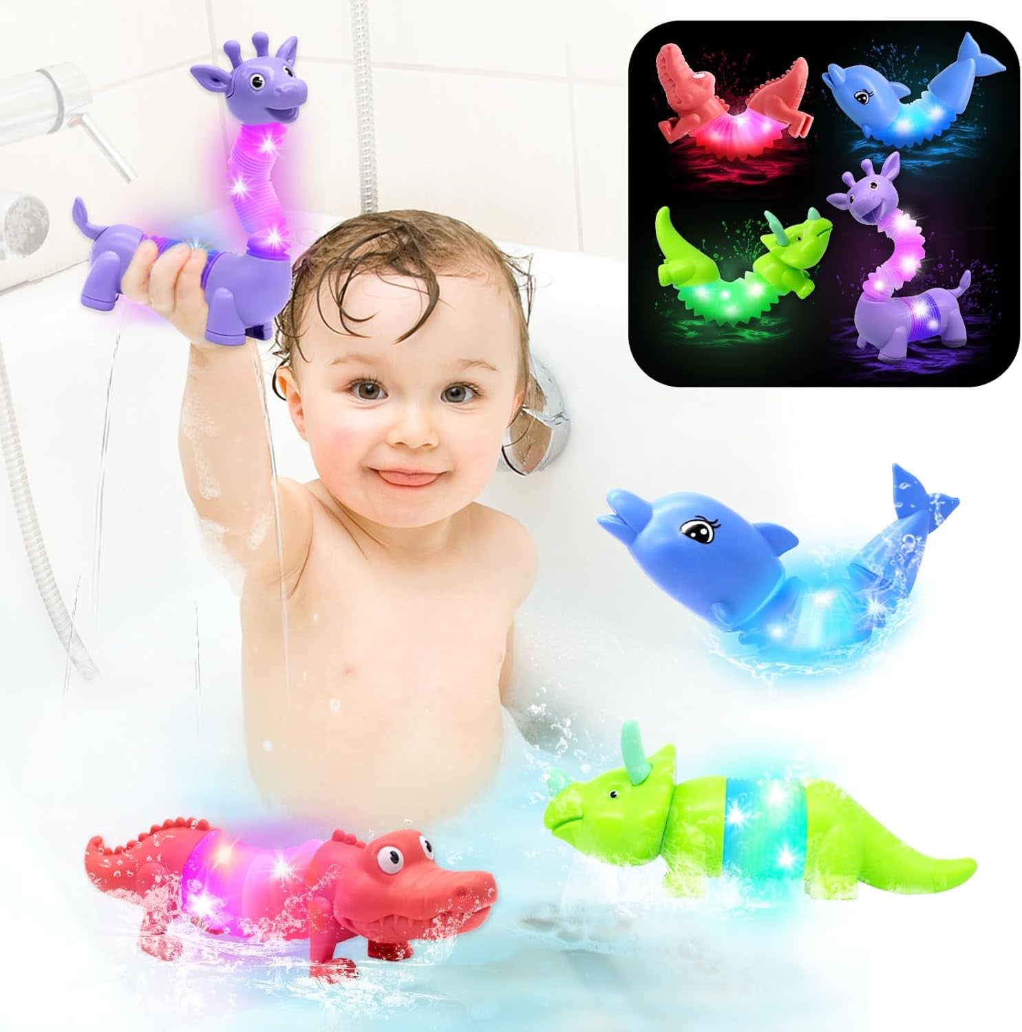 2025 Upgraded Baby Bath Toys,Educational Light up Bath Toys for Kids 1-3, 4 Pcs Light up Floating ,Stress Relief, Toddler Newborn Birthday Easter Baby Gifts