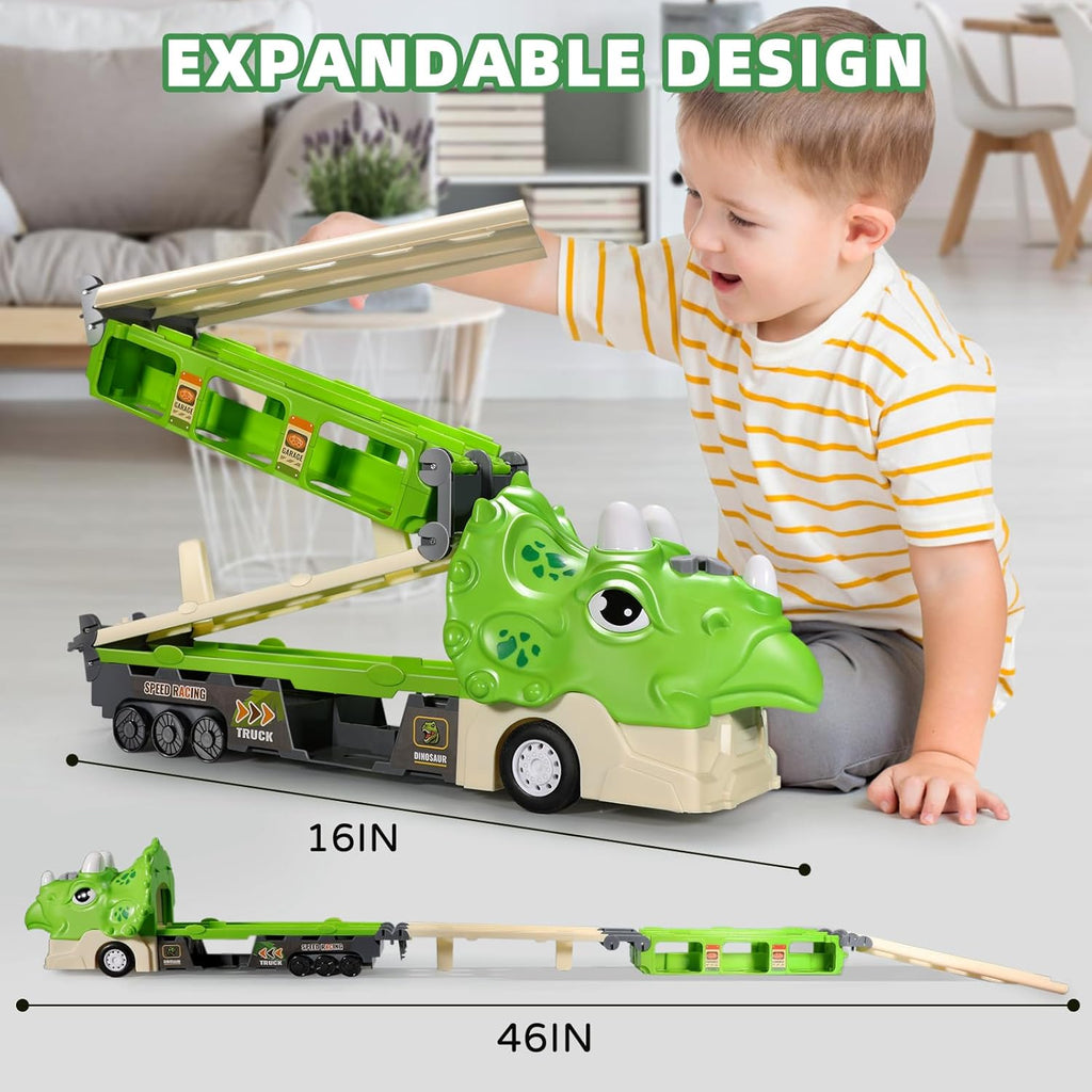 Green Dinosaur Toy Car-Foldable 117Cm Track with Launcher, Lights&Sounds, Safe ABS Plastic, Dual-Layer Storage,Includes 6 Mini Cars&12 Road Signs-Ideal Racing Playset for Kids Ages 3+