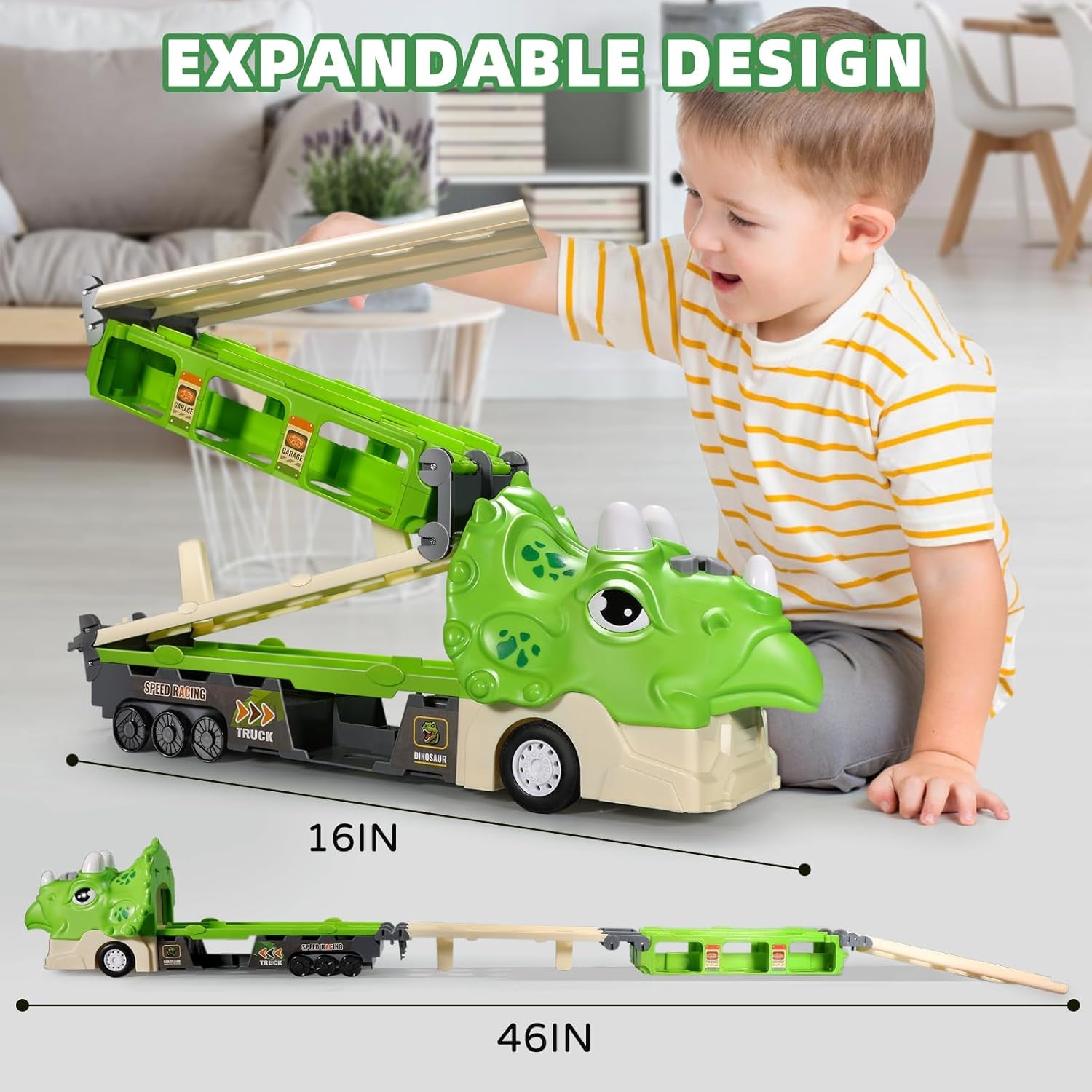 Green Dinosaur Toy Car-Foldable 117Cm Track with Launcher, Lights&Sounds, Safe ABS Plastic, Dual-Layer Storage,Includes 6 Mini Cars&12 Road Signs-Ideal Racing Playset for Kids Ages 3+
