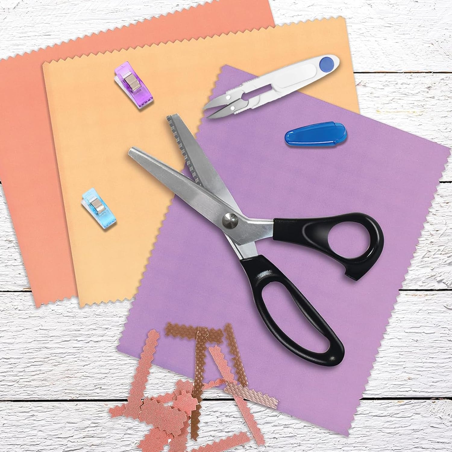 Fabric Scissor Set, Professional Dressmaking Scissors, Black Wavy Edge Craft, Comfort Grips Handled, Zig Zag Scissors with 12 Sewing Clips for Fabric and Blue Wire Cutters (Style 1)