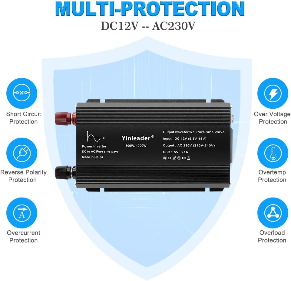 500W Pure Sine Wave Power Inverter DC 12V to 240V AC 1 UK Socket 2 USB Port LED with Cigarette Lighter