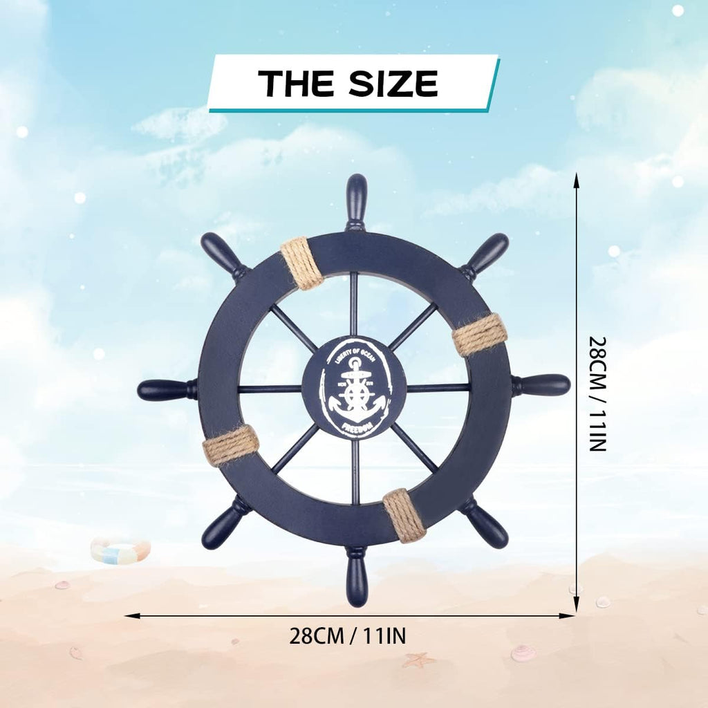 Fangoo 2 Pack 28 CM Wooden Ship Wheel and 33 CM Wood Anchor with Rope Nautical Boat Steering Rudder Wall Decor Door Hanging Ornament