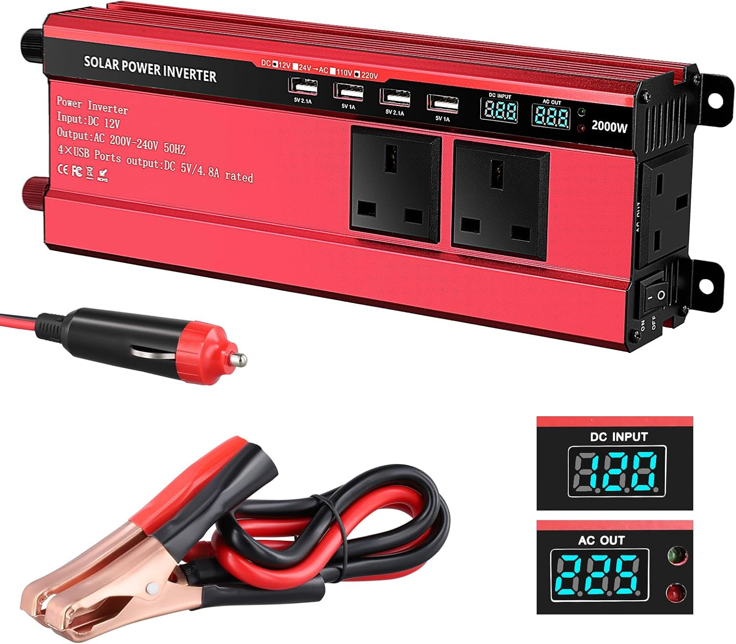 2000W Inverter 12V to 240V,Aluminum Car Power Inverter DC 12V to AC 240V with 3 UK Sockets 4 Usb,Pure Sine Wave Inverter with LED Display & 8-Tier Safety Protection for Travel, Camping