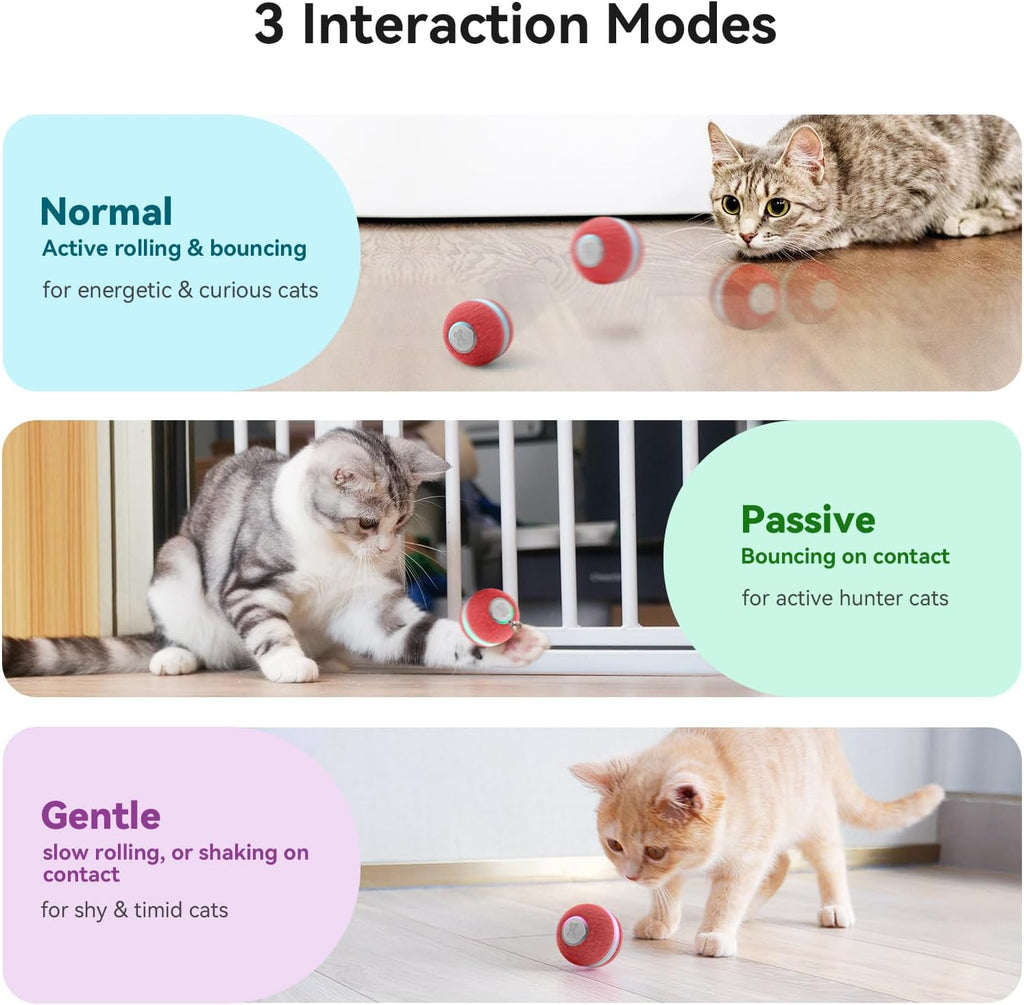 Interactive Cat Ball Toy, Electric Self Rolling Ball for Indoor Cat Kitten, 3 Modes with LED Lights, Red