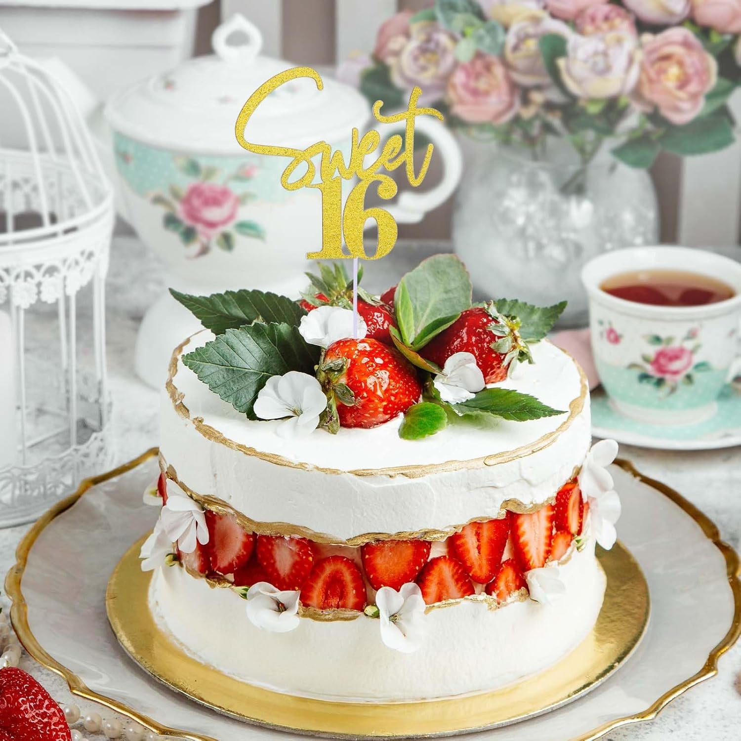 Sweet 16 Cake Topper Gold 16 Th Glitter Cake Topper 16Th Birthday Cake Topper Sweet Teenager Birthday Cake Pick, 16 Years Old Topper for Cake, Happy Sweet 16 Party Decoration Supplies