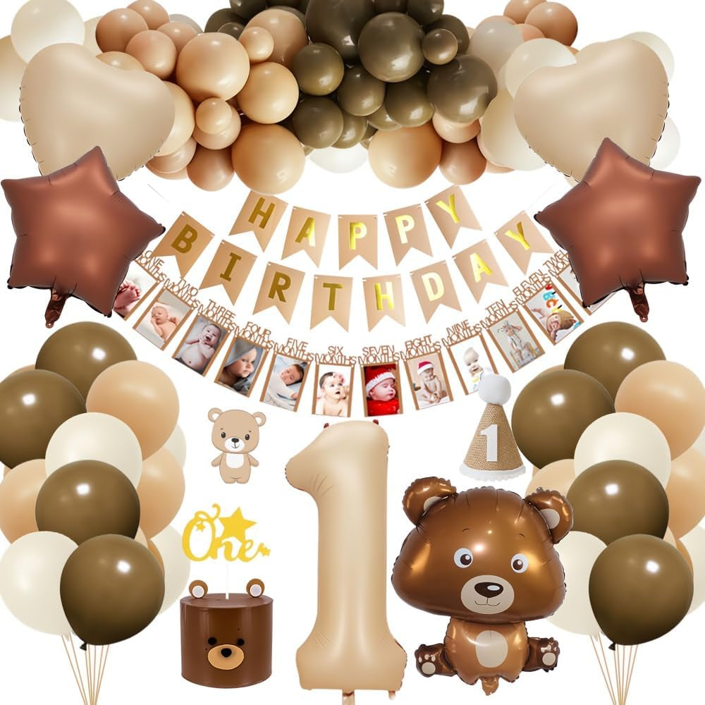 1St Birthday Decorations Boy, Boho First Birthday Decoration, Bear Theme Party Decoration with Giant Bear Foil Balloon, Burnt 1 Number Balloon, Beige Coffee Balloon for Baby Boys Girls First Birthday