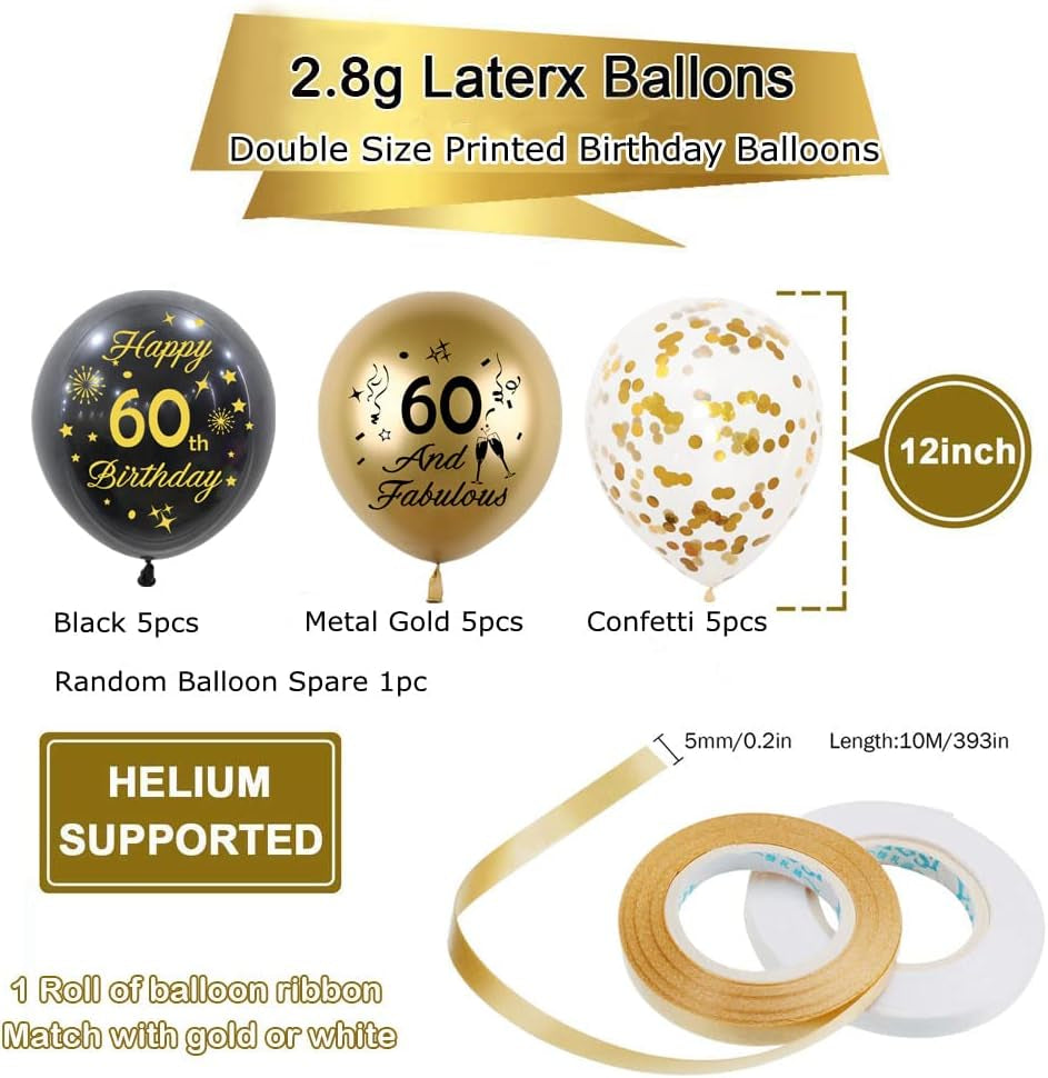 60Th Birthday Balloons 15 Pcs Black Gold Happy 60Th Birthday Latex Confetti Balloons Black Gold 60Th Birthday Party Decorations Balloons for Men Women 60Th Birthday Décor Anniversary Supplies (Age 60)