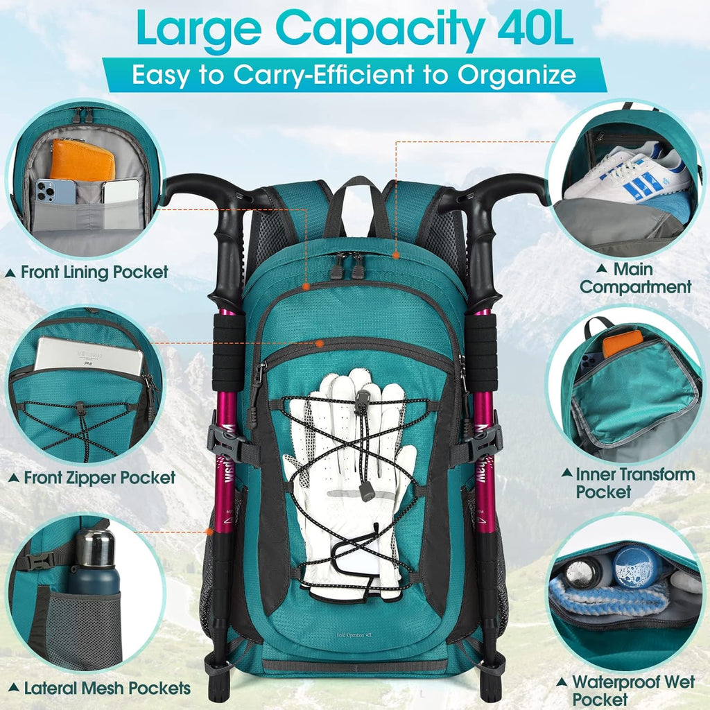 Hiking Backpack 40L Waterproof Camping Backpack Lightweight Packable Backpack for Women Men Outdoor Travel Daypack