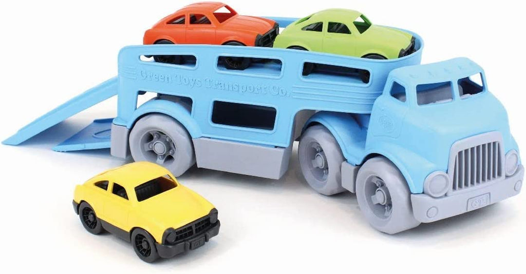 Car Carrier, Blue - Pretend Play, Motor Skills, Kids Toy Vehicle. No BPA, Phthalates, PVC. Dishwasher Safe, Recycled Plastic, Made in USA (4 Piece Set)