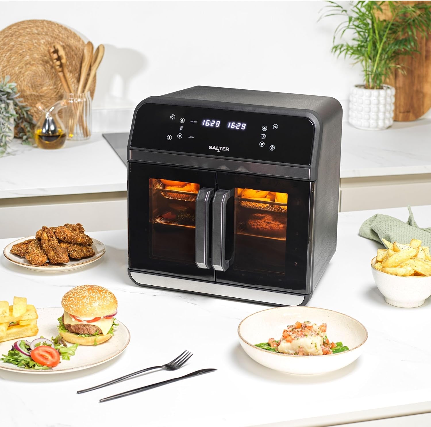 XL Air Fryer Oven - 15L with Divider for Dual Cooking, 6 Presets with Rotisserie, Oil-Free Multicooker, Non-Stick Racks & Accessories, Multi-Level Cooking, 2300W