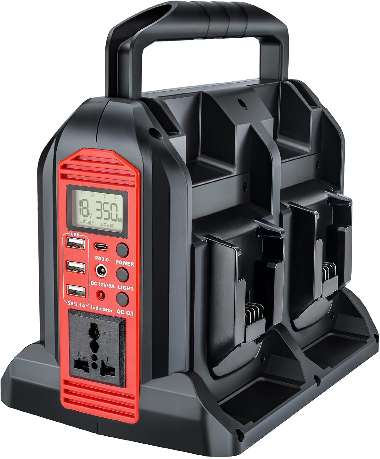 350W Power Inverter for Milwaukee 18V Battery, 4-Ports DC 18V to AC 220V Pure Sine Wave Inverter with 3 USB-A & 1 USB-C Port, 300LM LED Light for Camping Emergency(Tool Only)