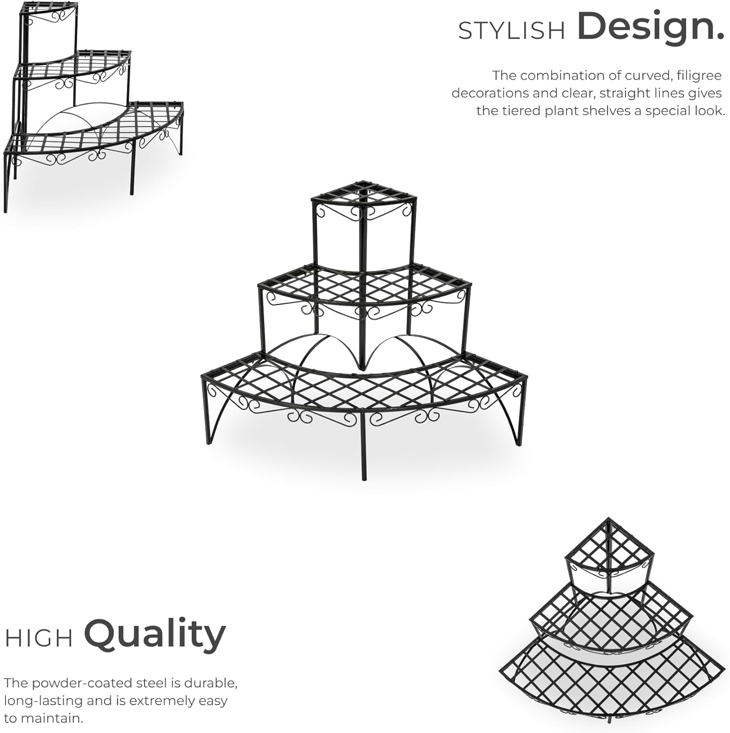 3-Tiered Plant Stand in Charming, Airy Design & Robust, Weather-Resistant Steel, 30 Kg Load Capacity, Indoor & Outdoor Use, Plant Pot Stand for Garden, Balcony, Patio, Conservatory - Black