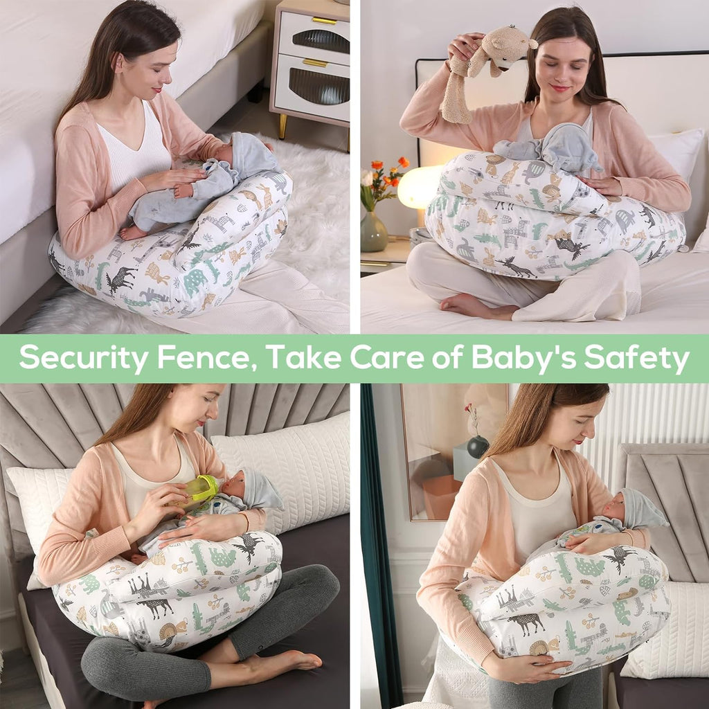 Nursing Pillow for Breastfeeding Baby, Multifunctional Breast Feeding Pillow with Adjustable Waist Strap and Safety Fence, 100% Cotton Removable Pillowcase, Animal Pattern