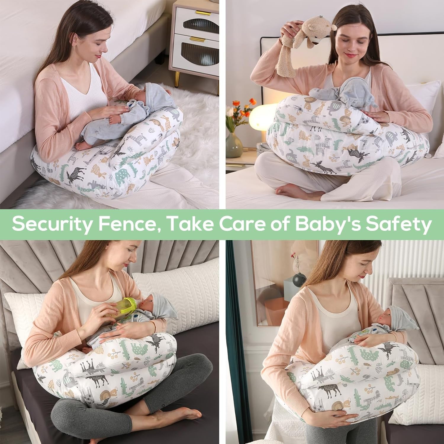Nursing Pillow for Breastfeeding Baby, Multifunctional Breast Feeding Pillow with Adjustable Waist Strap and Safety Fence, 100% Cotton Removable Pillowcase, Animal Pattern
