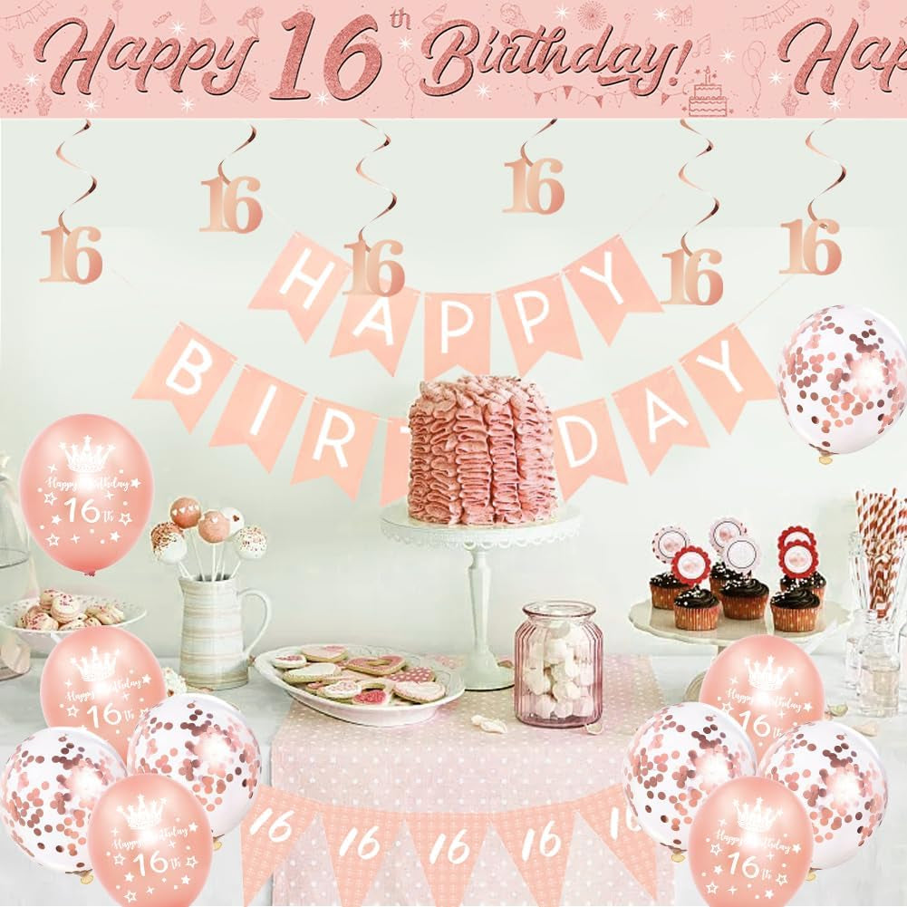 16Th Birthday Decorations for Girls-Rose Gold 16Th Birthday Banners Balloons Bunting for Her,Happy Birthday Party Decor Include Banner Bunting Hanging Swirls Triangle Flags Confetti Latex Balloons
