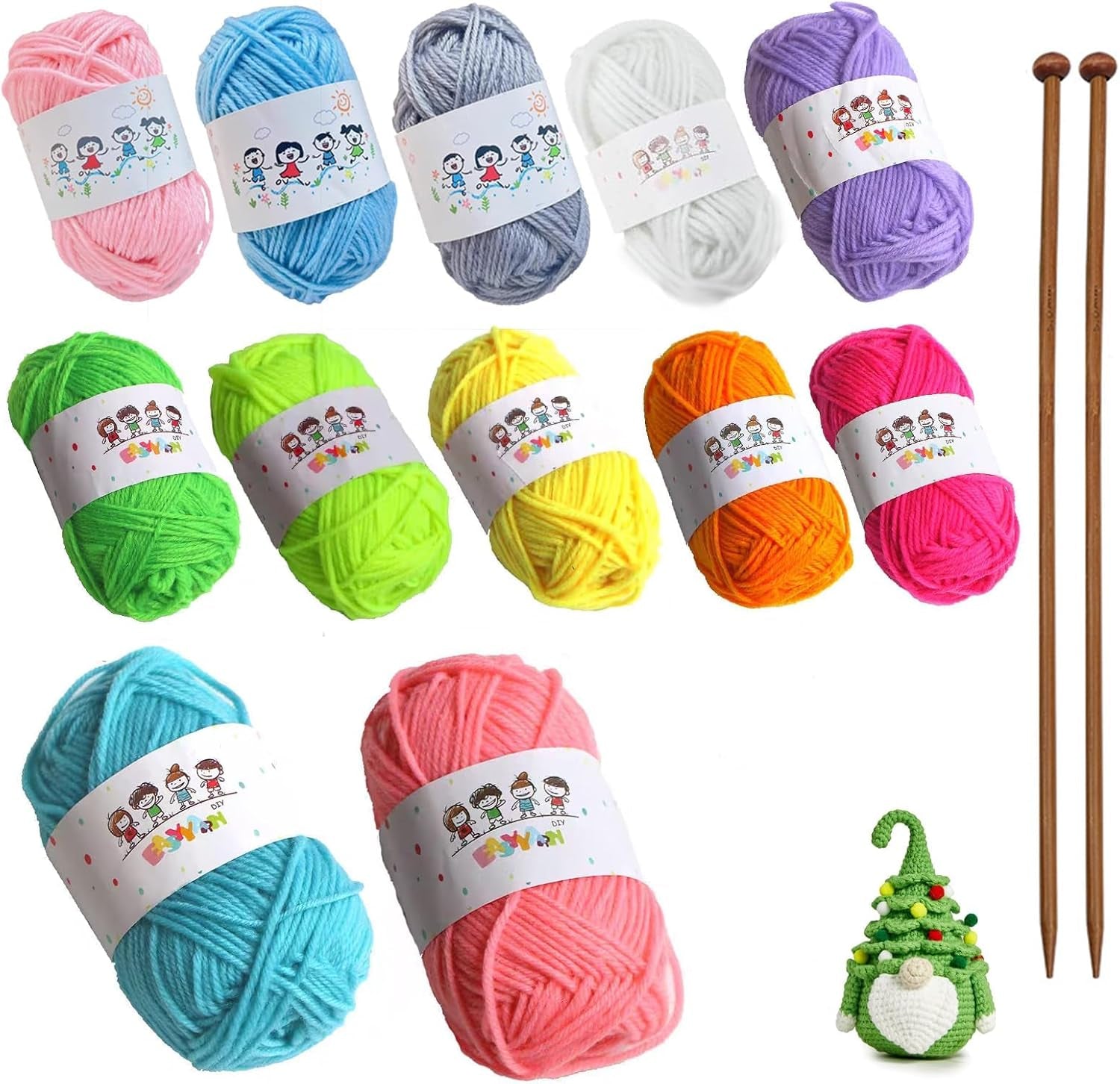Knitting Kit, Knitting for Beginners Kit, Beginner Knitting Kit, Suitable for Adults Children DIY Weaving Handmade Artworks (12 Colors of Yarn and 2 Knitting Needles)