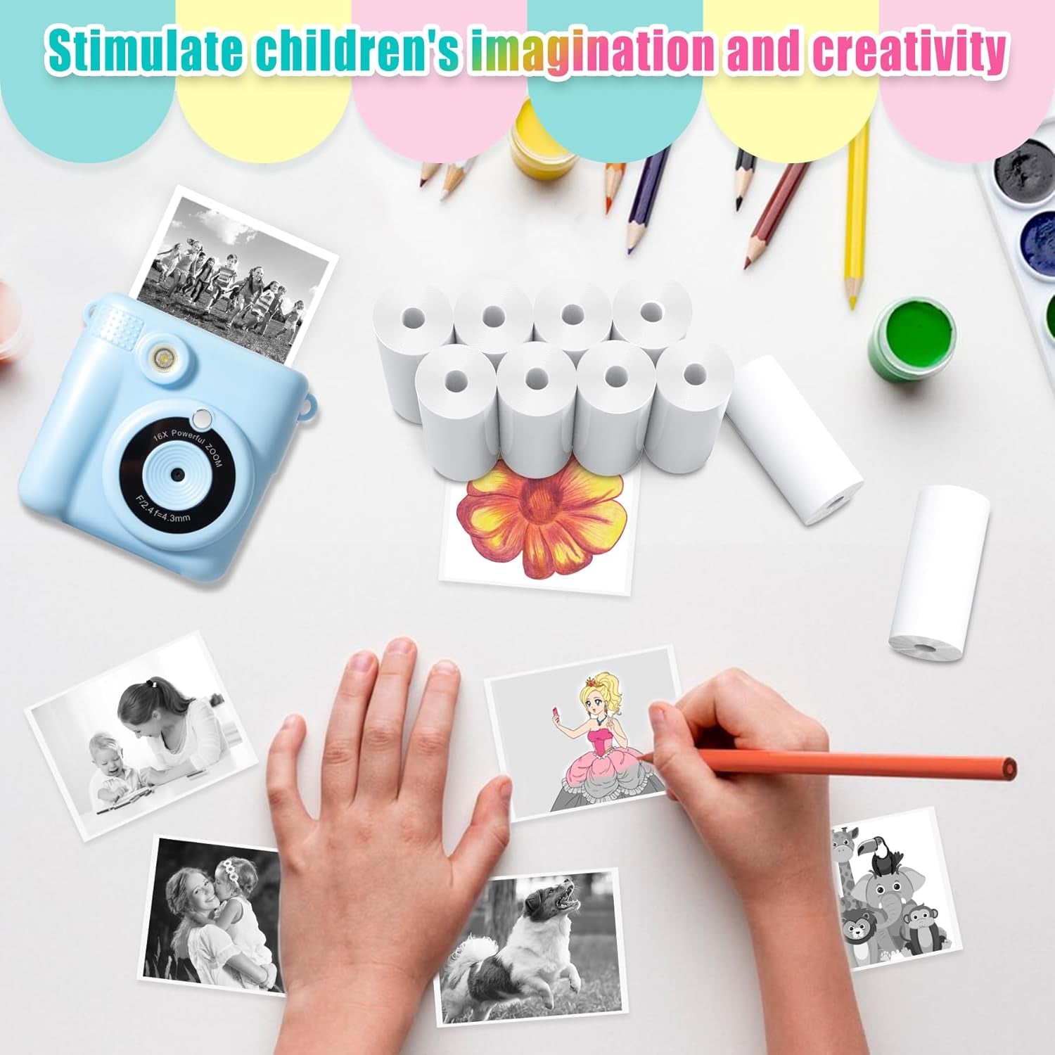 12 Rolls Kids Instant Print Camera Thermal Paper - Zero Ink Printing Paper Thermal Refill Paper Rolls for Most Kids Instant Digital Camera(White-12)