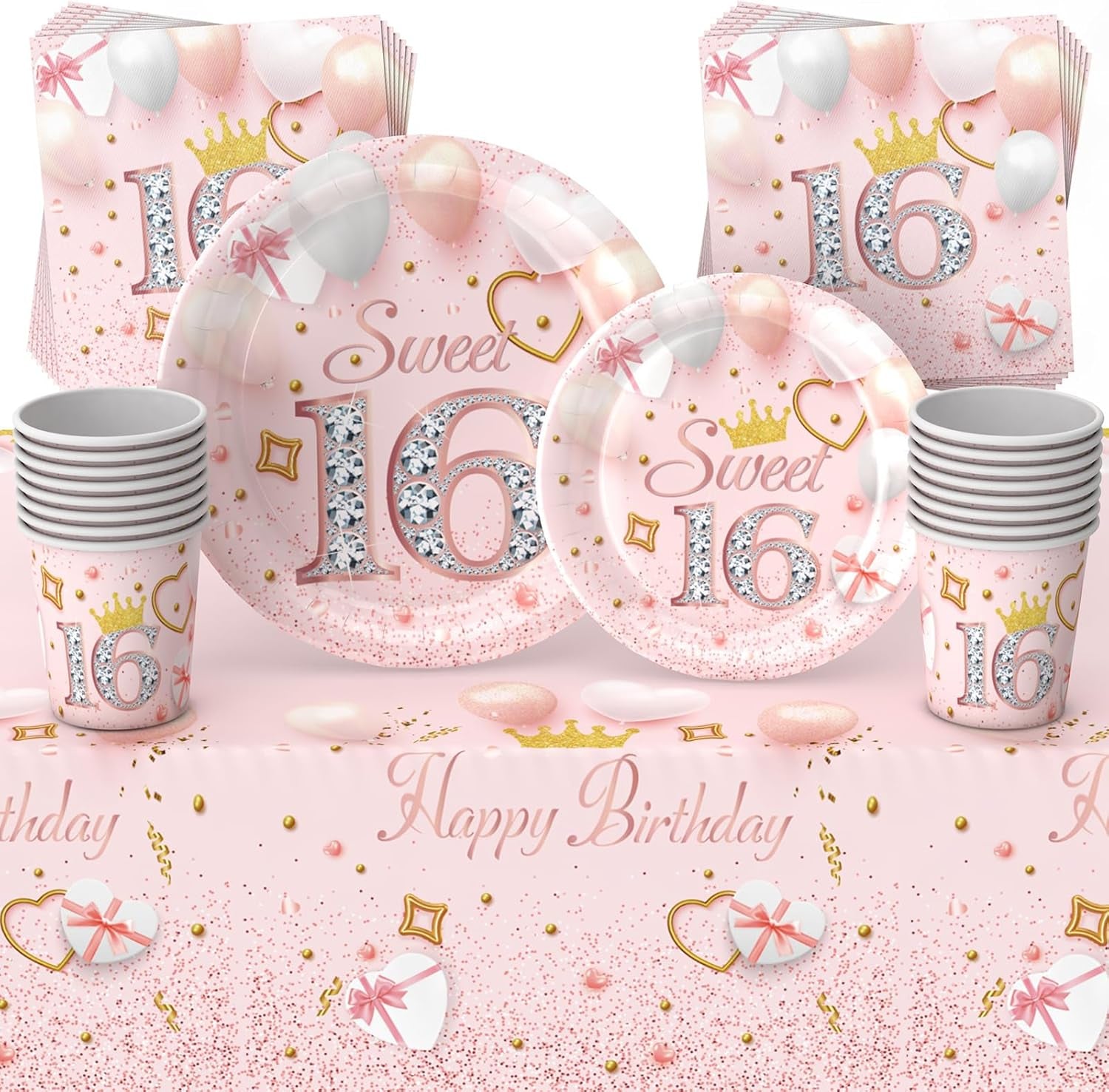 69Pcs Pink Happy 16Th Birthday Party Tableware Decorations for Girls, Disposable Set with Tablecloth, 7Inch Paper Plates, Napkins, Cups