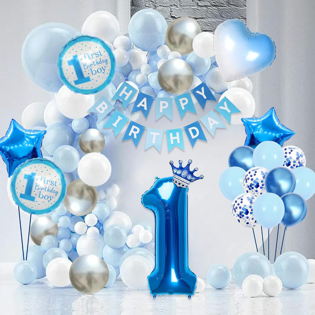 Blue 1St Birthday Decorations Kit - 46 Pieces 1St Birthday Decorations Supplies Happy Birthday Banner Number 1 Balloon Star Foil Balloon Cake Topper Gradient Love Balloon for Boy 1St Party Decoration
