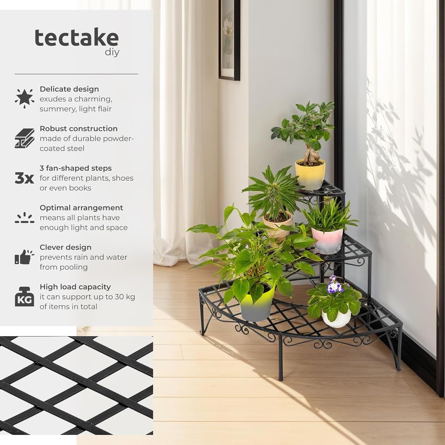 3-Tiered Plant Stand in Charming, Airy Design & Robust, Weather-Resistant Steel, 30 Kg Load Capacity, Indoor & Outdoor Use, Plant Pot Stand for Garden, Balcony, Patio, Conservatory - Black