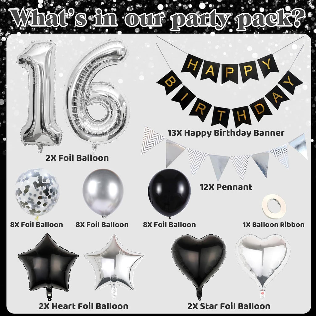 16Th Birthday Decorations for Boys Black and Silver Birthday Decorations Include Pennants, Banners, Love Balloon, Star Balloon, Number Foil Balloons, Latex Balloons, Ribbon, Suitable for 16Th Party