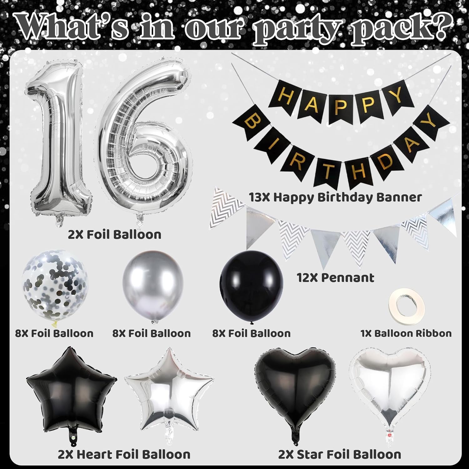16Th Birthday Decorations for Boys Black and Silver Birthday Decorations Include Pennants, Banners, Love Balloon, Star Balloon, Number Foil Balloons, Latex Balloons, Ribbon, Suitable for 16Th Party
