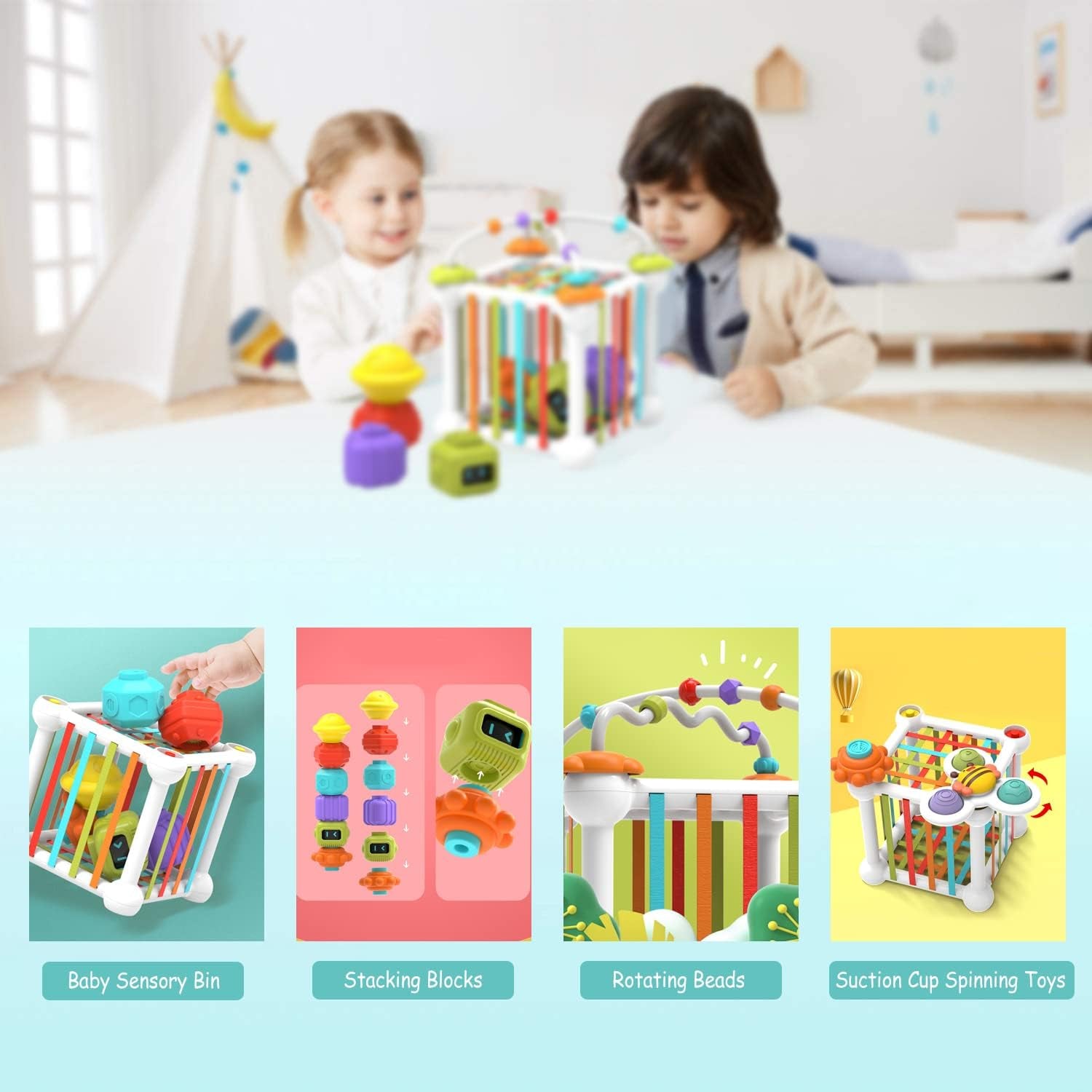 Montessori Toys for 1 2 Year Old Boy Girl, Baby Sensory Bin Shape Sorter Toys Colorful Cube, with 3 Suction Cup Spinning Top Toys and Bead Maze, Early Learning Toys for Toddlers Age 1-3 (12PCS)