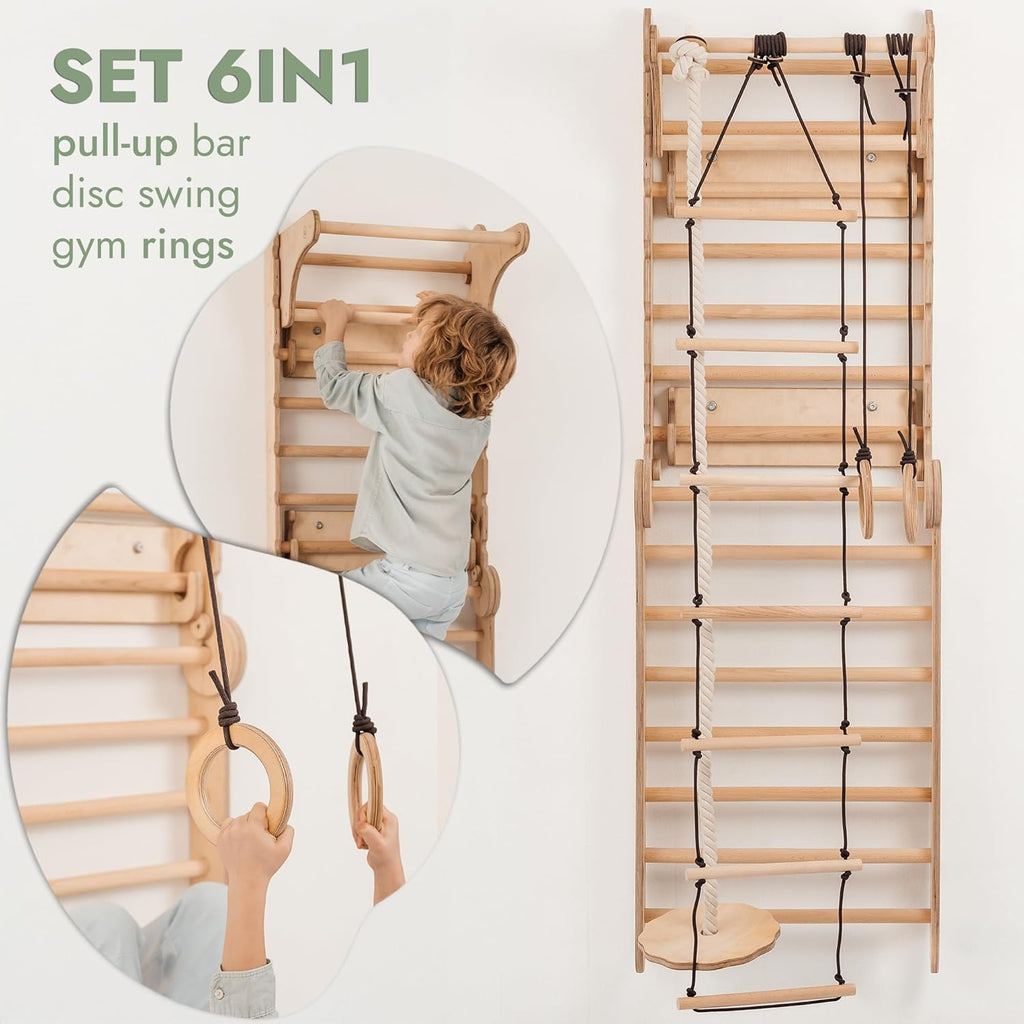 6-In-1 Indoor Playground for Kids – Wooden Swedish Wall, Climbing Ladder, Slide, Swing, Gymnastics Rings, Rock Climbing Wall – Jungle Gym Play Set for Ages 2-12