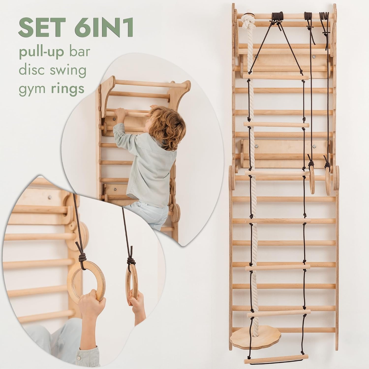 6-In-1 Indoor Playground for Kids – Wooden Swedish Wall, Climbing Ladder, Slide, Swing, Gymnastics Rings, Rock Climbing Wall – Jungle Gym Play Set for Ages 2-12
