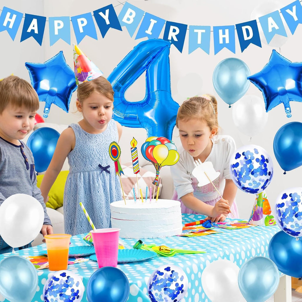 4Th Birthday Decorations for Boys, Number 4 Balloon, Blue Silver Party Decorations, Happy Birthday Bunting Banner, 32Inch Foil Number 4 Balloons Set