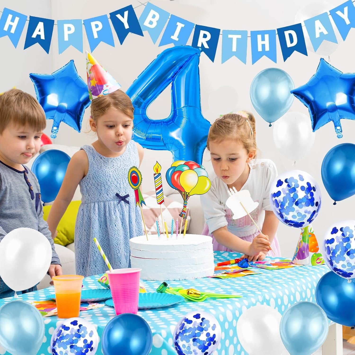 4Th Birthday Decorations for Boys, Number 4 Balloon, Blue Silver Party Decorations, Happy Birthday Bunting Banner, 32Inch Foil Number 4 Balloons Set