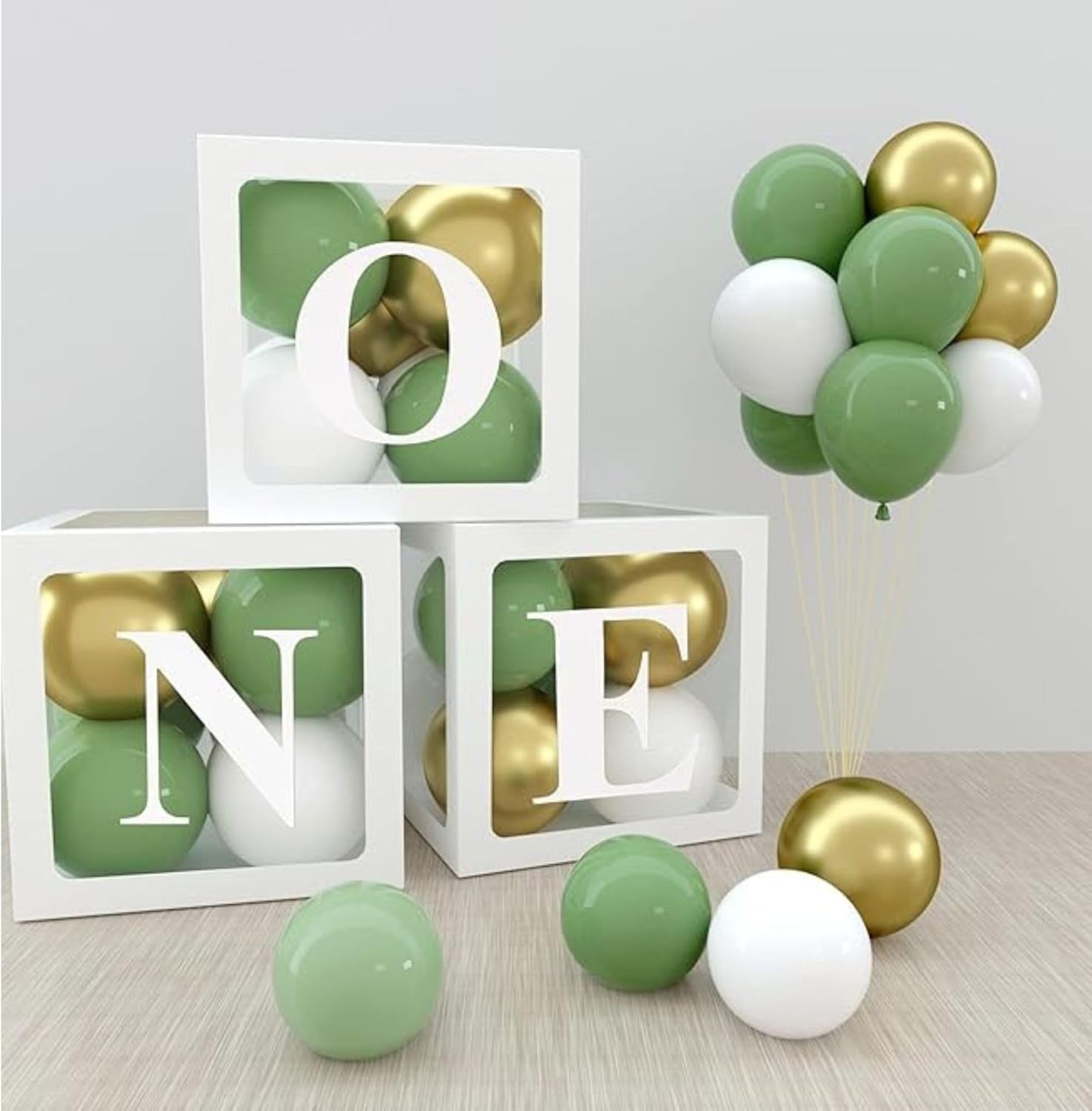 Wild One Birthday Decorations, 1St Birthday Decorations for Boys - Includes 'O N E' Boxes, Wild One Banner, 35 X Green & Gold Baloons - Jungle Safari Party Decorations