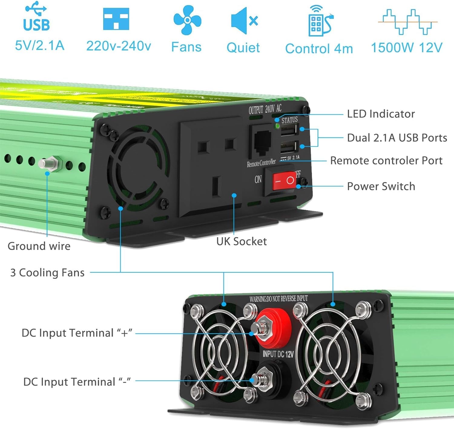 1500W Power Inverter DC 12V to 240V AC - Car Power Converter 3000W Peak with 2 USB Ports, UK Outlets, Remote Controller and Cooling Fan
