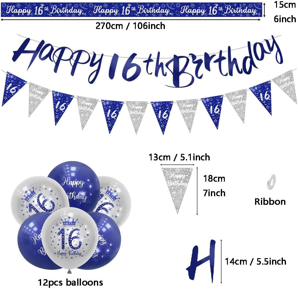 Blue Silver 16Th Birthday Decorations for Boys - Navy Silver Happy 16Th Decorations by