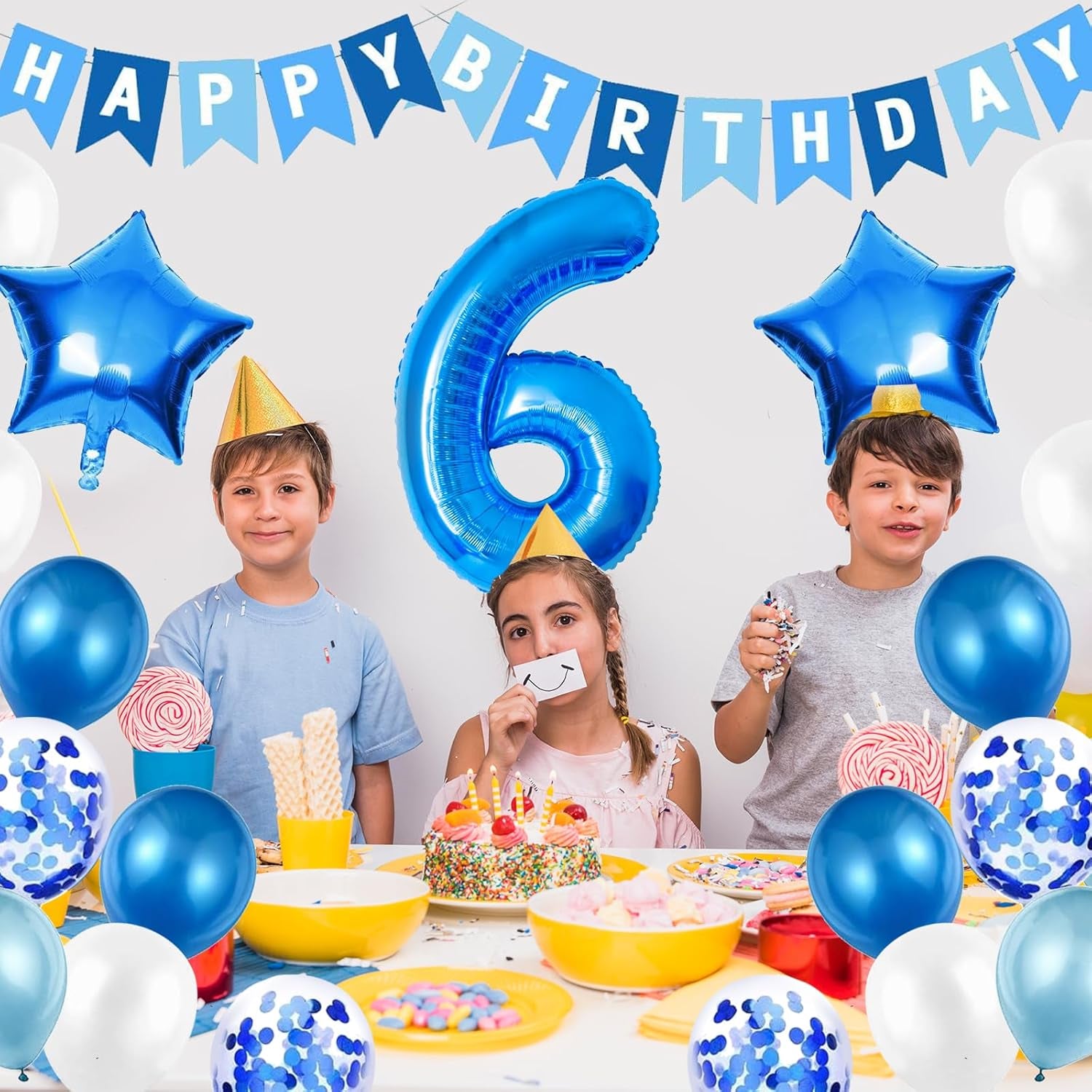 6Th Birthday Decorations for Boys, Number 6 Balloon, Blue Silver 6Th Party Decorations, Happy Birthday Bunting Banner, 32Inch Foil Number 6 Balloons Set for Birthday Party Anniversary Decorations