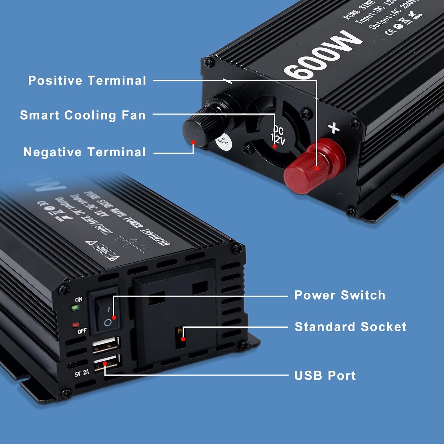Aluminum Alloy 600W Pure Sine Wave Power Inverter - DC 12V to AC 230V Car Converter with 2 USB Ports and Cigarette Adapter